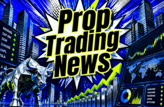 Comic-style Prop Trading News graphic with a silver bull, blue skyscrapers, candlestick charts, and a yellow rising arrow.