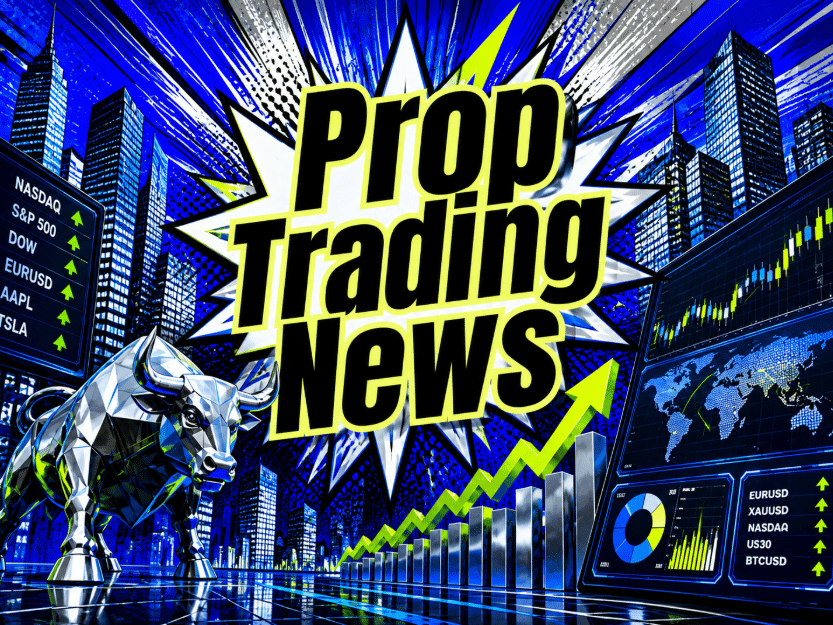 Comic-style Prop Trading News graphic with a silver bull, blue skyscrapers, candlestick charts, and a yellow rising arrow.