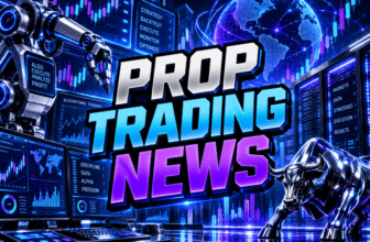 Prop Trading News graphic with a robotic arm, trading screens, a digital globe, and a silver bull in blue and purple.