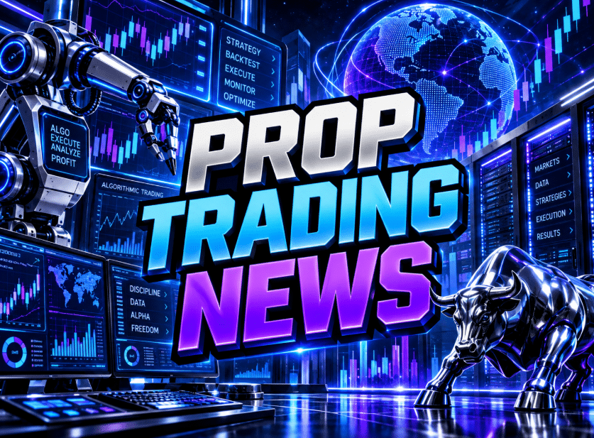 Prop Trading News graphic with a robotic arm, trading screens, a digital globe, and a silver bull in blue and purple.