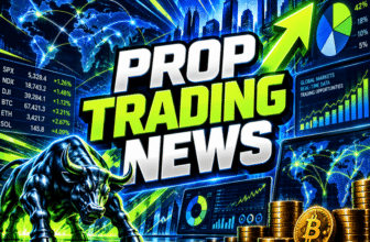 Prop Trading News graphic with green rising charts, a world map, a metallic bull, and Bitcoin coins.