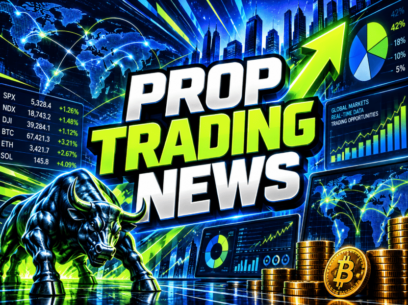 Prop Trading News graphic with green rising charts, a world map, a metallic bull, and Bitcoin coins.