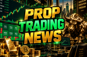 Prop Trading News graphic with gold lettering, green market charts, gold bars, and a golden bull in a trading office.
