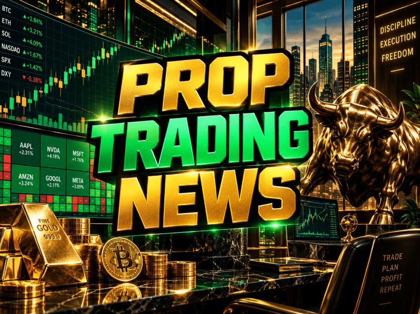 Prop Trading News graphic with gold lettering, green market charts, gold bars, and a golden bull in a trading office.