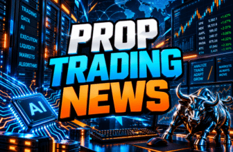 Prop Trading News graphic with an AI chip, server racks, blue and orange charts, and a metallic bull.