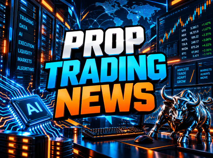 Prop Trading News graphic with an AI chip, server racks, blue and orange charts, and a metallic bull.