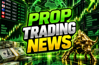 Prop Trading News graphic with forex quotes, a green digital globe, cash stacks, and a golden bull.