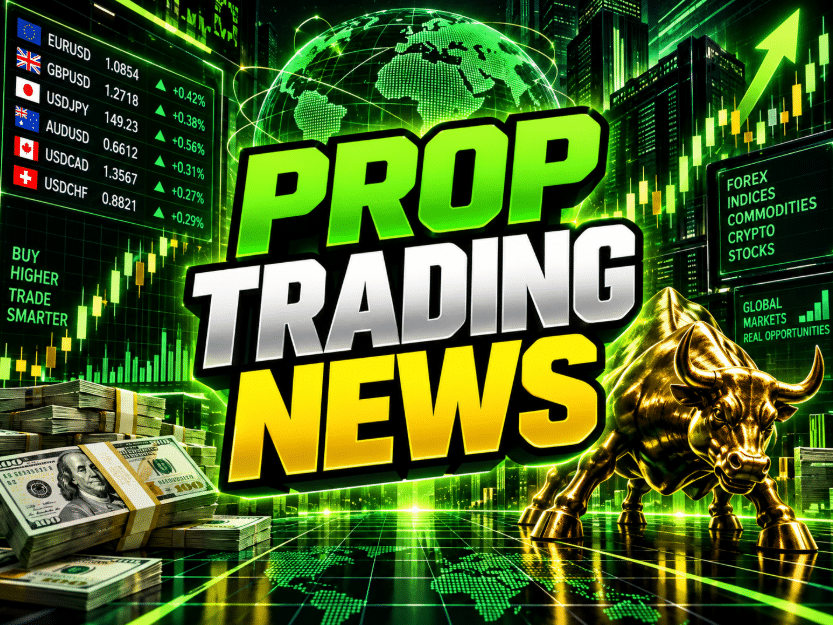 Prop Trading News graphic with forex quotes, a green digital globe, cash stacks, and a golden bull.
