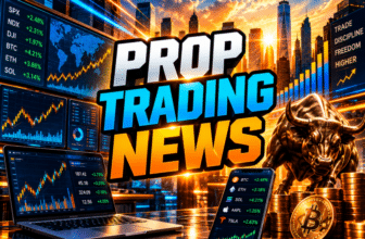 Prop Trading News graphic with a laptop, mobile market quotes, Bitcoin coins, and a bull against a sunset skyline.