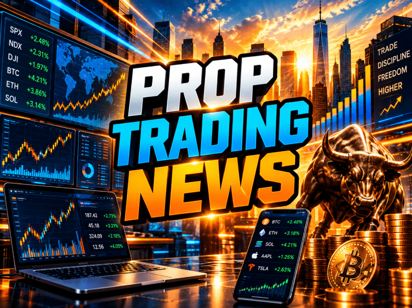 Prop Trading News graphic with a laptop, mobile market quotes, Bitcoin coins, and a bull against a sunset skyline.