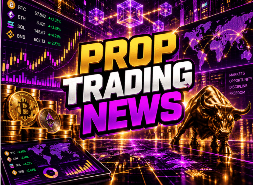 Prop Trading News graphic with purple digital networks, cryptocurrency coins, market charts, and a golden bull.