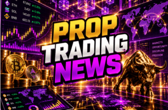 Prop Trading News graphic with purple digital networks, cryptocurrency coins, market charts, and a golden bull.