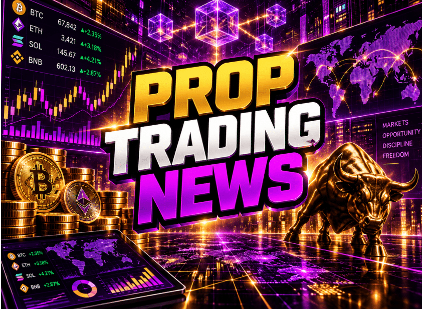 Prop Trading News graphic with purple digital networks, cryptocurrency coins, market charts, and a golden bull.