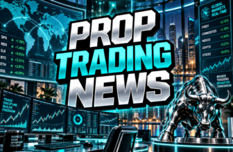Prop Trading News graphic with cyan market screens, a world map, a trading desk, and a silver bull.