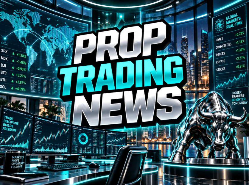 Prop Trading News graphic with cyan market screens, a world map, a trading desk, and a silver bull.