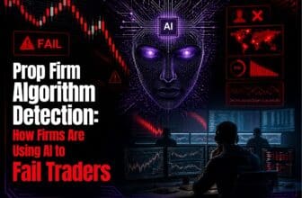 Prop firm algorithm detection: an AI face over trading risk dashboards and a failing candlestick chart, with a trader watching monitors