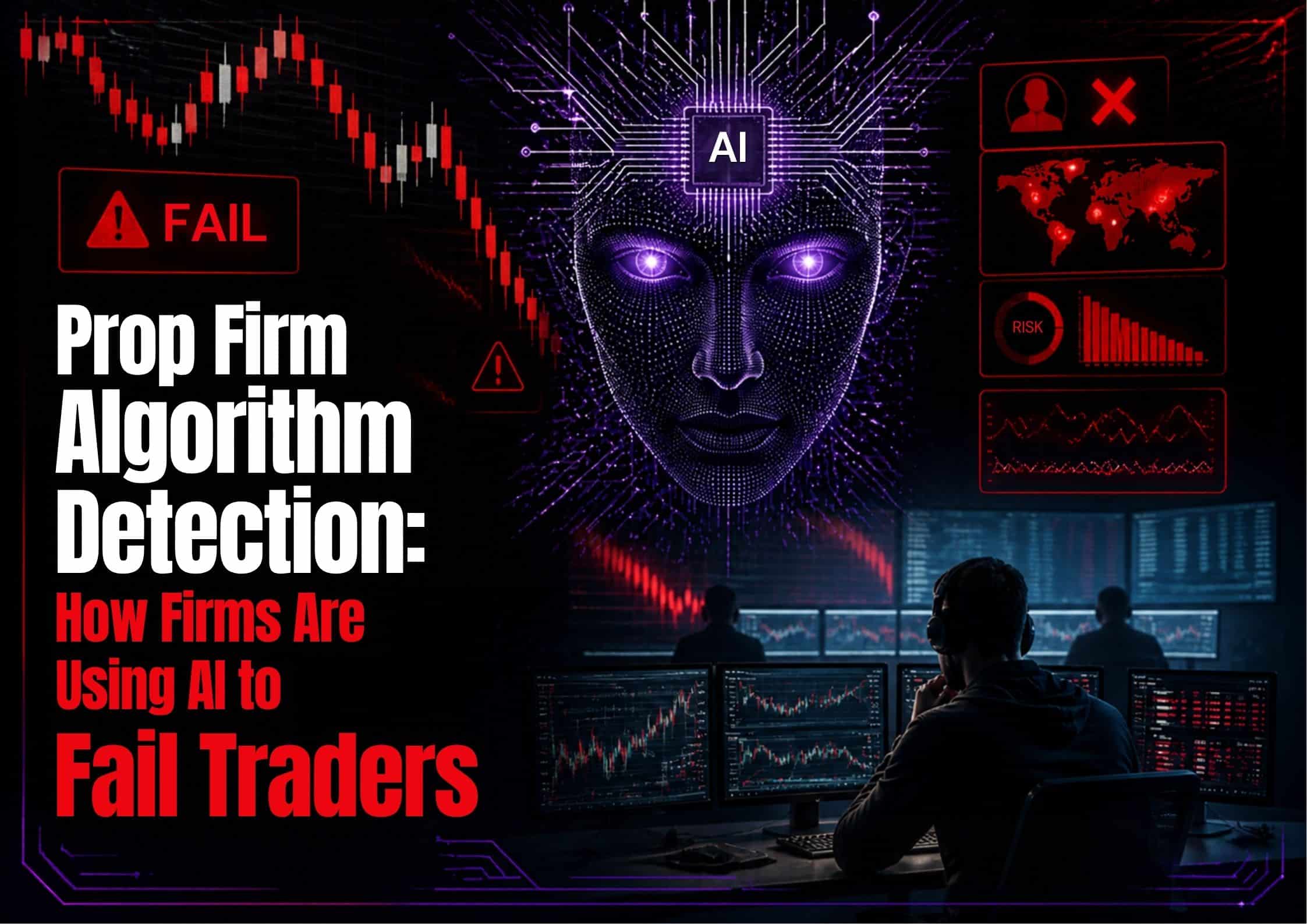 Prop firm algorithm detection: an AI face over trading risk dashboards and a failing candlestick chart, with a trader watching monitors