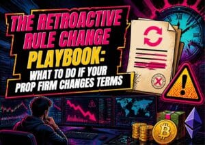 Trader watching falling charts as a prop firm rulebook is rewritten, with a warning sign: the retroactive rule change playbook