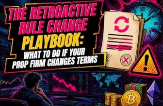 Trader watching falling charts as a prop firm rulebook is rewritten, with a warning sign: the retroactive rule change playbook