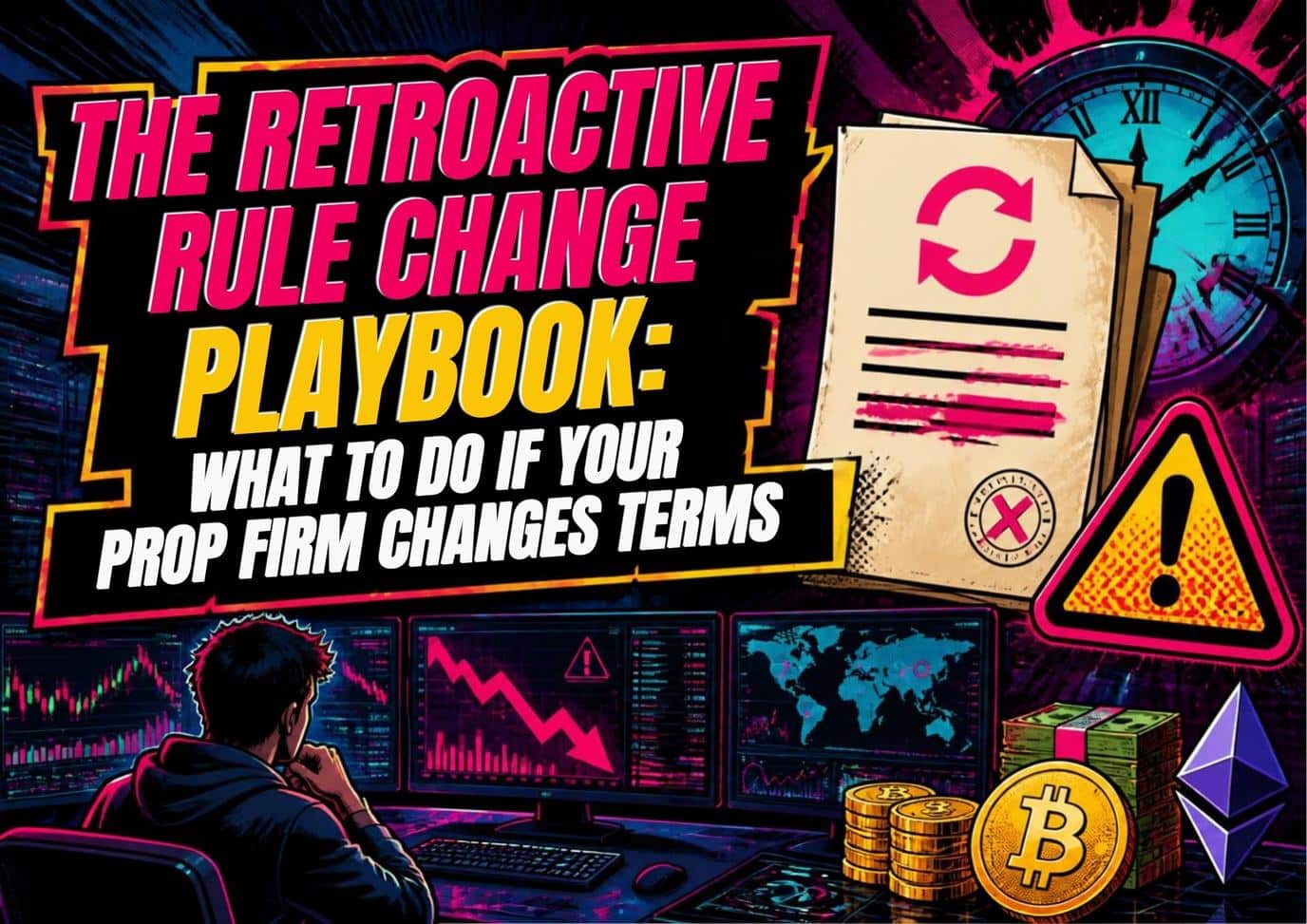 Trader watching falling charts as a prop firm rulebook is rewritten, with a warning sign: the retroactive rule change playbook