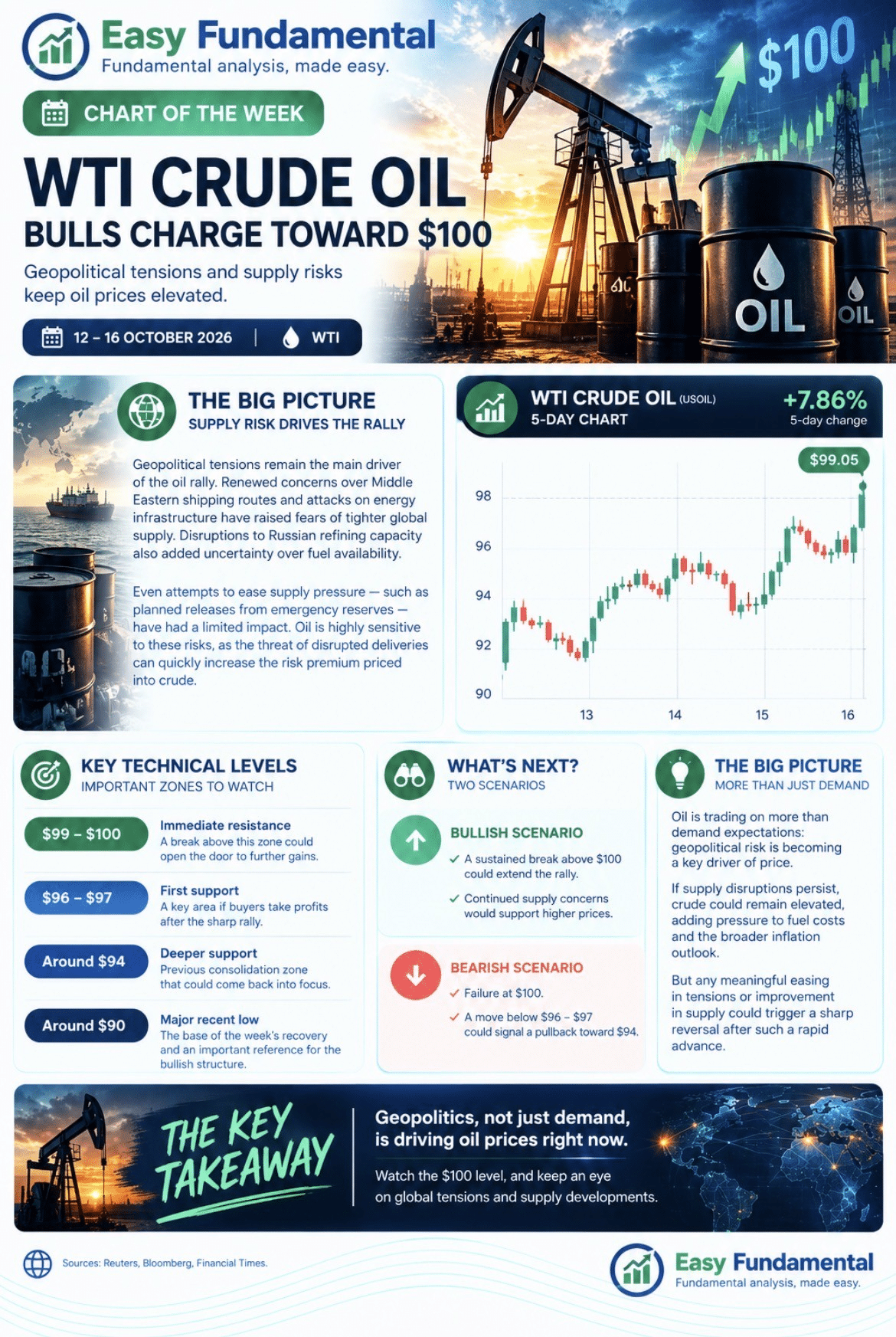 WTI crude oil five-day chart by Easy Fundamental: bulls charge toward $100 with key levels and bullish and bearish scenarios
